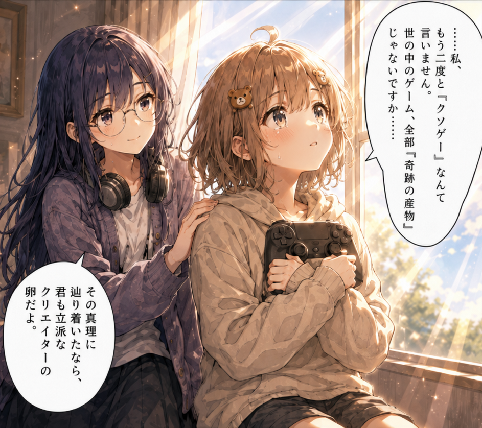 コントローラーを抱きしめるマナブと、その肩に手を置くクリエ