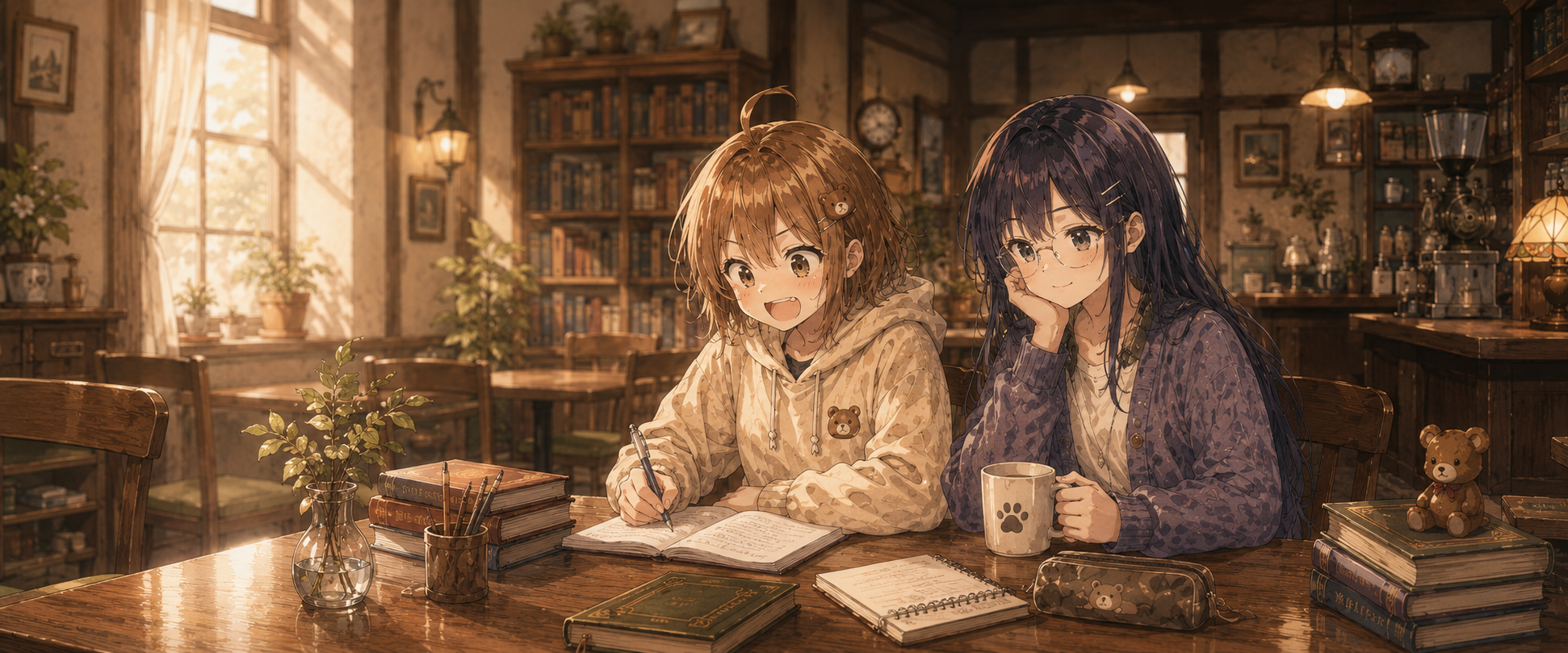 喫茶「三幕」で並んで机に向かうマナブとクリエ