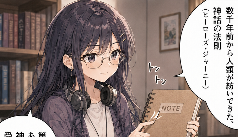 ノートを手に「神話の法則」を説明するクリエ